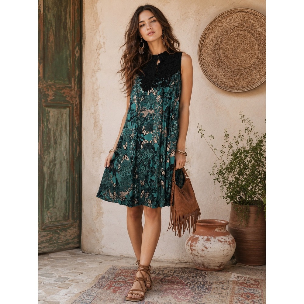 Maeve Anthropologie Teal Butterfly Lace Mock Neck Dress Silk Blend Small‎ Boho